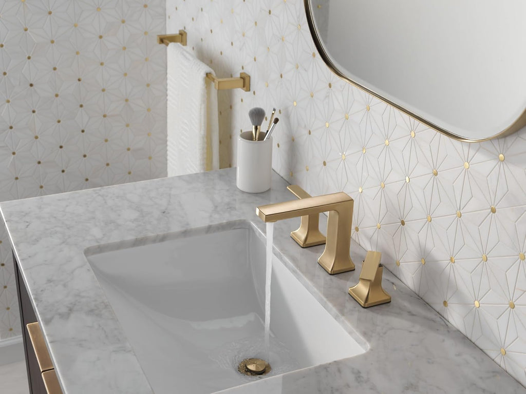 Delta Velum Brushed Gold Bathroom Faucet 3 Hole, 8 Inch Widespread Bathroom Sink Faucet for Vanity, Metal Push-Pop Drain Assembly, Champagne Bronze 3537LF-CZMPU