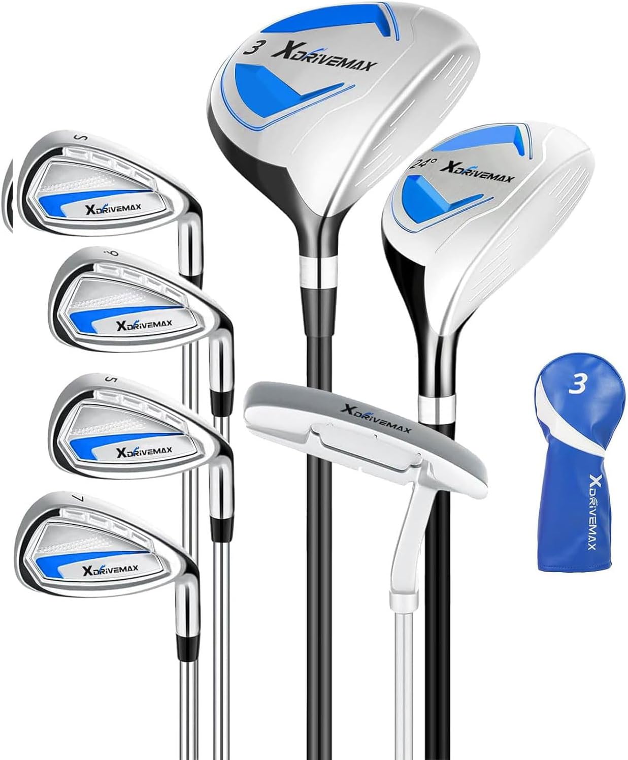 XDriveMax 7-Piece Complete Golf Clubs Set for Men & Women (Left/Right Hand), Advanced Performance Set with Fairway Wood, Hybrid, Irons and Putter, Regular Flex (No Golf Bag Included)