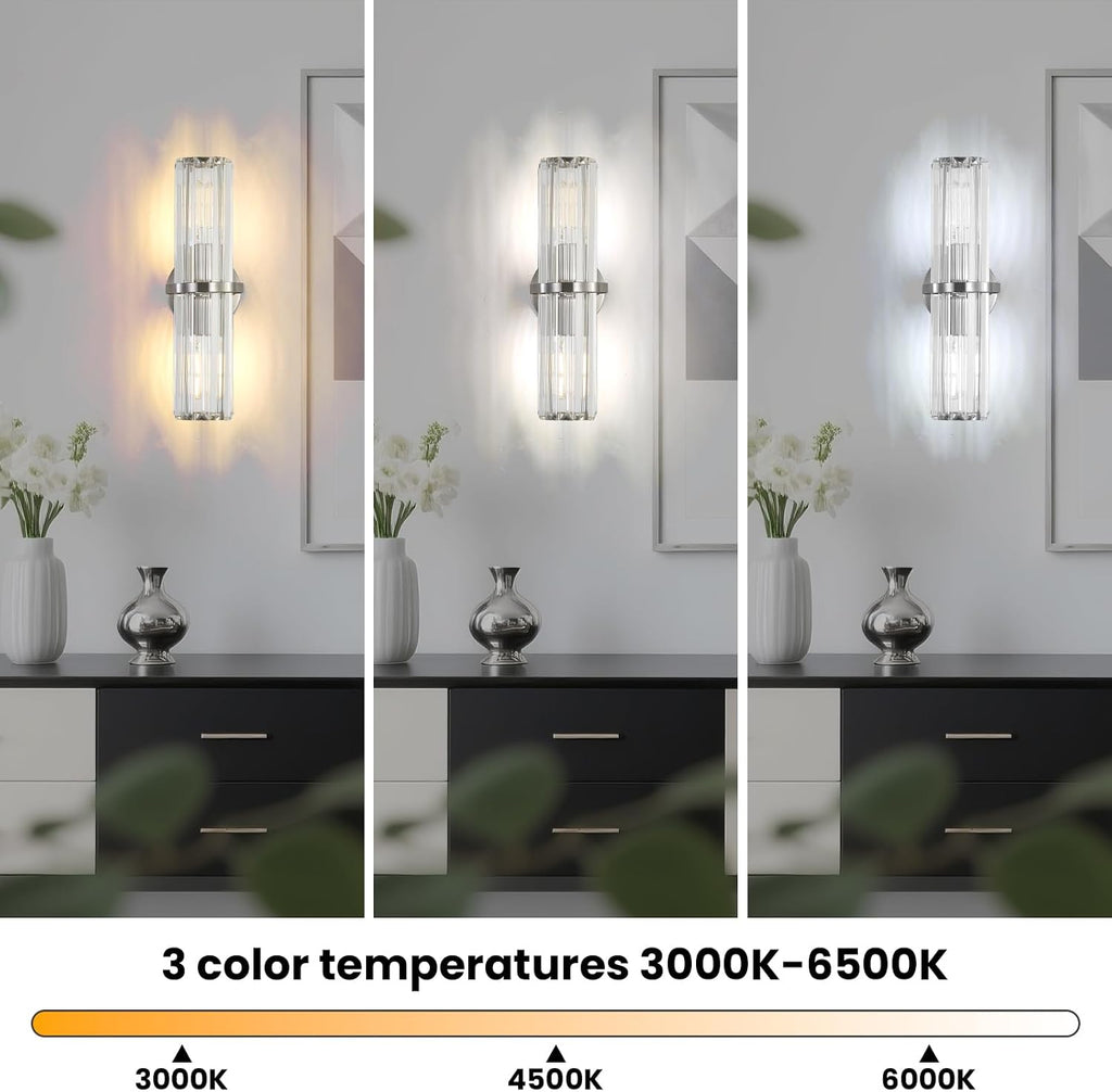 Crystal Wall Sconce Set of 2, Brushed Nickel Luxury Indoor Vanity Wall Lamp, 15.7-Inch Upper and lower illuminated Bathroom Light Fixtures, for Living Room, Bedroom, Bathroom, Hallway, Mirror, E26