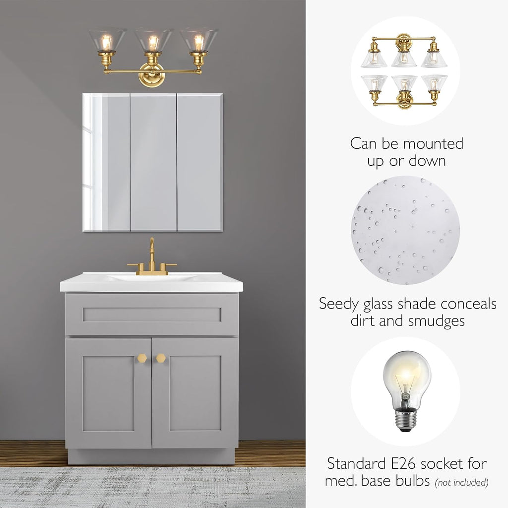 Design House Augustin Vanity Light, 3-Light, Seeded Glass Warm Glow, Dimmable, Up/Down Glow, Easy Installation, E26 Socket, Satin Gold, 25.9 in L x 8.3 in D x 11.1 in H, 589036-SG