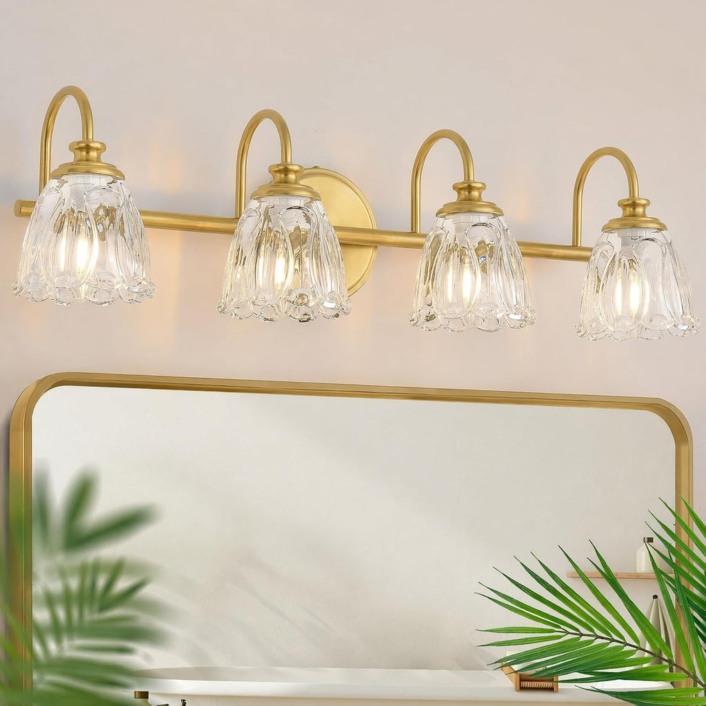 Bathroom Light Fixtures, 4 Light Brushed Gold Vanity Lights for Bathroom with Clear Tulip Crystal Glass Shade, 27 in Vintage Bathroom Vanity Lights Over Mirror for Bedroom, Living Room, Hallway