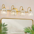 Bathroom Light Fixtures, 4 Light Brushed Gold Vanity Lights for Bathroom with Clear Tulip Crystal Glass Shade, 27 in Vintage Bathroom Vanity Lights Over Mirror for Bedroom, Living Room, Hallway