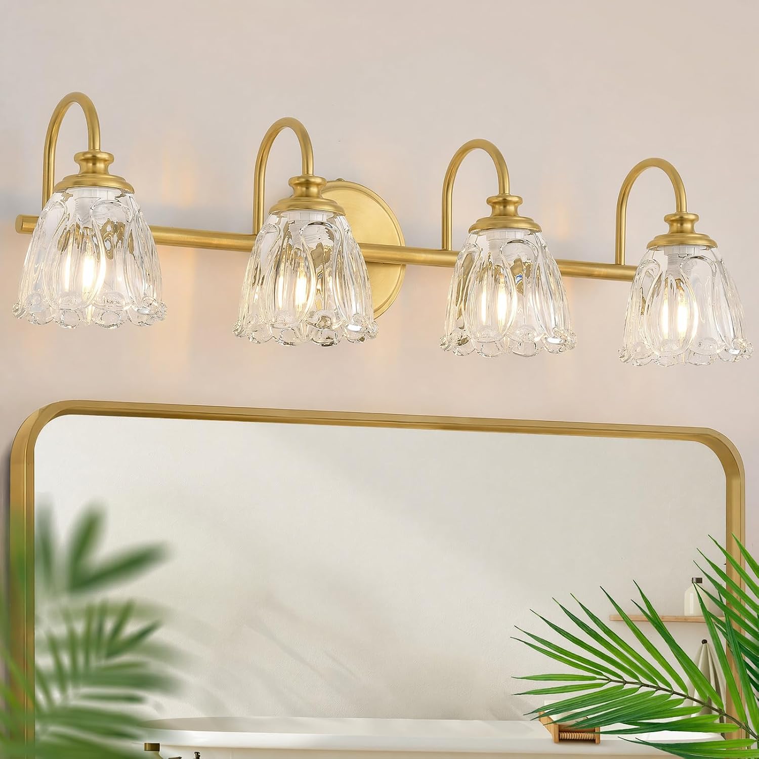 Bathroom Light Fixtures, 4 Light Brushed Gold Vanity Lights for Bathroom with Clear Tulip Crystal Glass Shade, 27 in Vintage Bathroom Vanity Lights Over Mirror for Bedroom, Living Room, Hallway