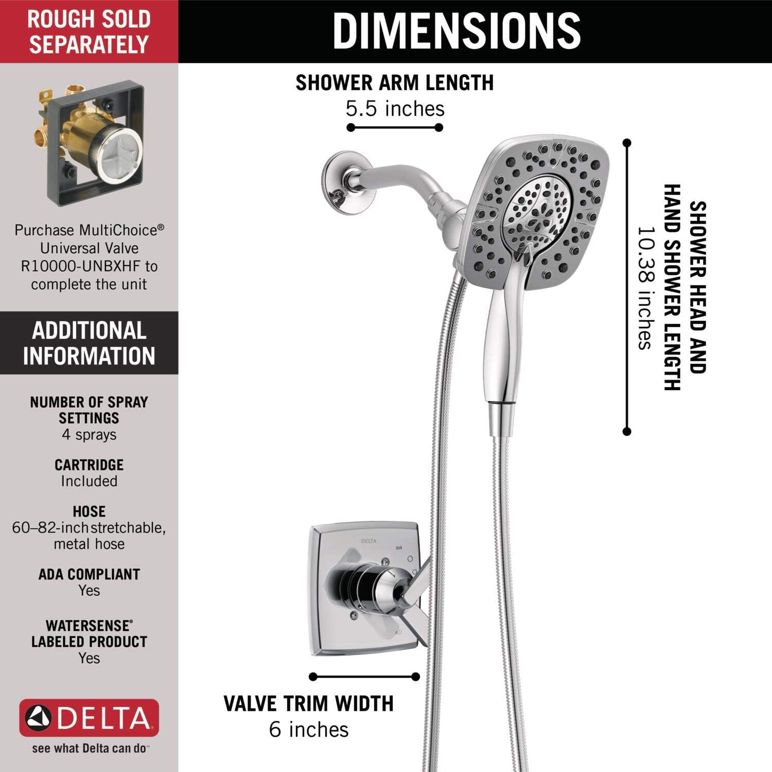Delta Faucet Ashlyn 17 Series Dual-Function Shower Trim Kit with 2-Spray Touch-Clean In2ition 2-in-1 Hand Held Shower Head with Hose, Chrome T17264-I (Valve Not Included)