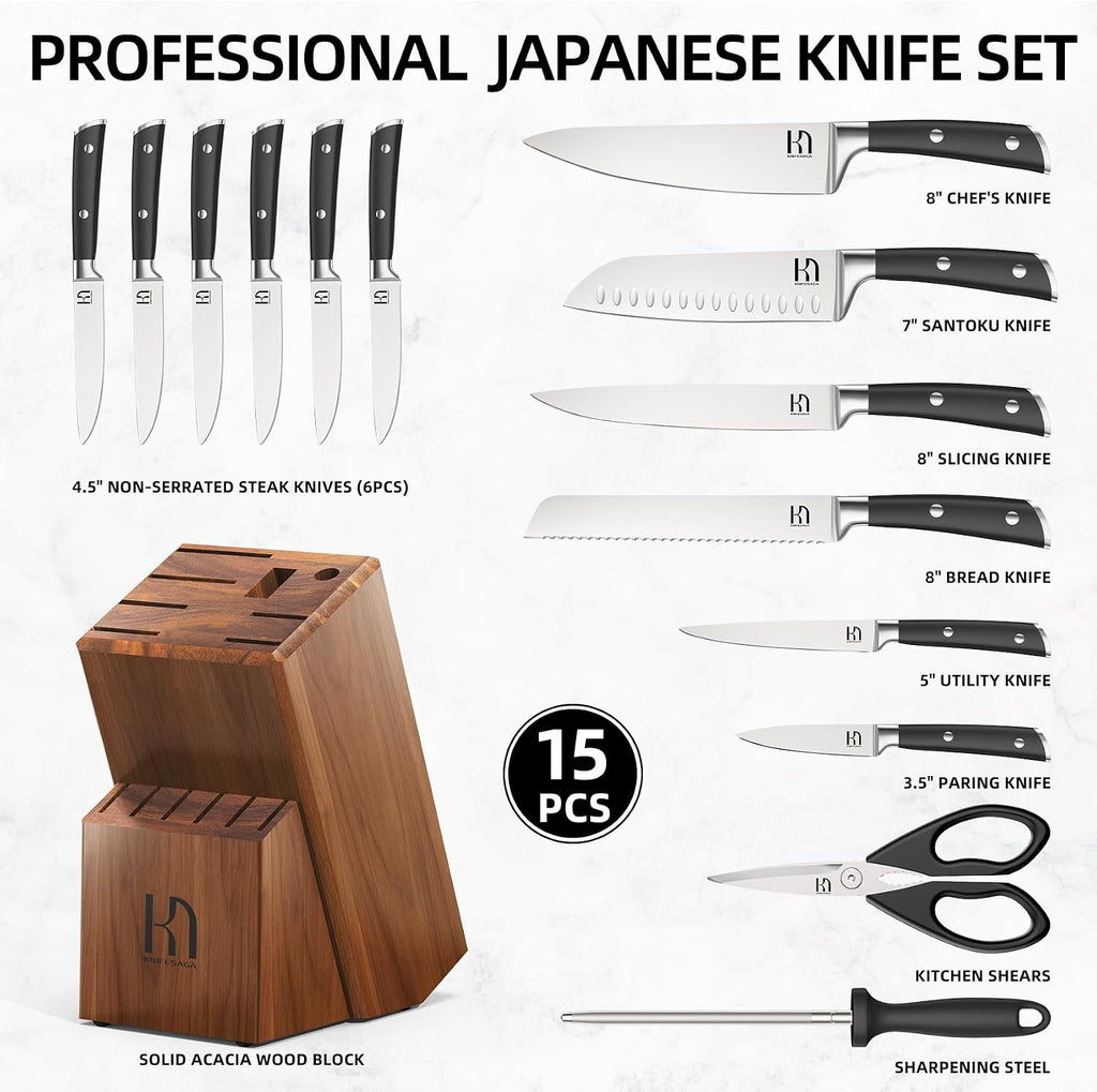 KnifeSaga Knife Set, 15 Pcs Kitchen Knife Block Sets with Sharpener, Japanese High Carbon Stainless Steel Set of Knives, Premium Razor Sharp Black Knives Set with Block for Kitchen, Ergonomic Handle