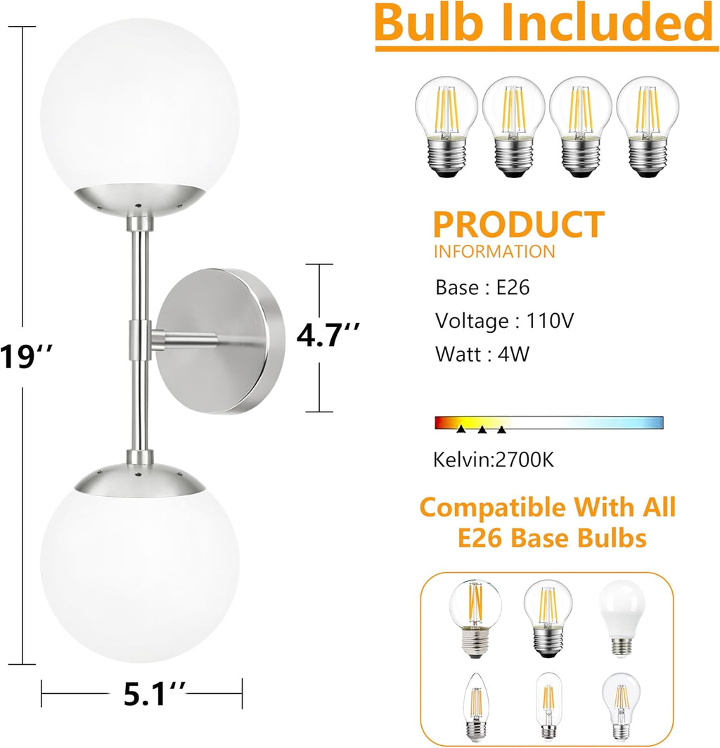 KoKo&Yukina Nickel 2 Pack Vanity Light Fixtures Mid Century Modern Bathroom Vanity Light Globe Sconce with Milky White Glass for Bathroom Bedroom