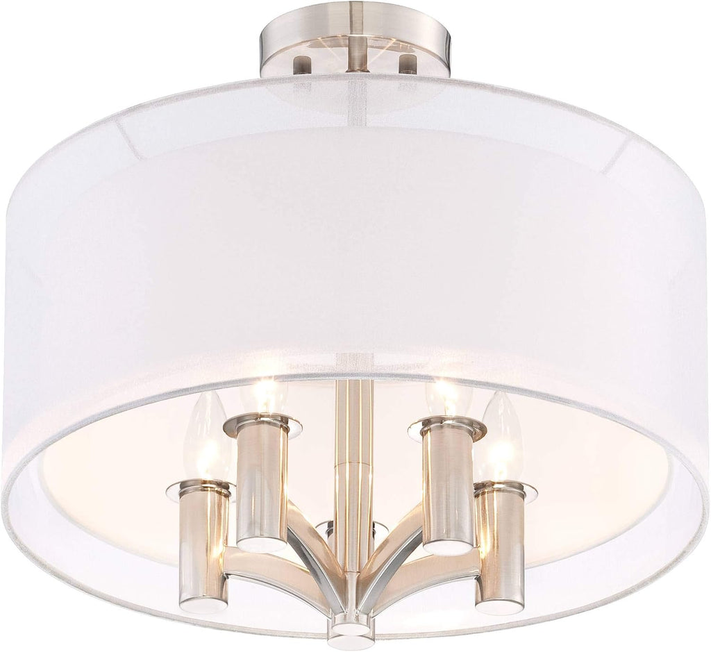 Possini Euro Design Caliari Modern Ceiling Light Semi Flush Mount Fixture Brushed Nickel 18' Wide 5-Light Sheer Silver White Linen Double Drum Shade for Bedroom Kitchen Living Room Hallway Bathroom