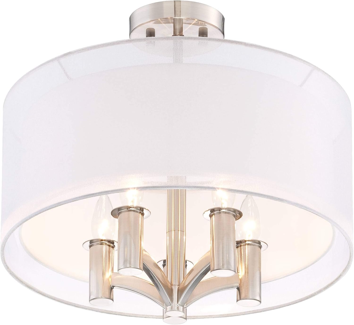 Possini Euro Design Caliari Modern Ceiling Light Semi Flush Mount Fixture Brushed Nickel 18' Wide 5-Light Sheer Silver White Linen Double Drum Shade for Bedroom Kitchen Living Room Hallway Bathroom