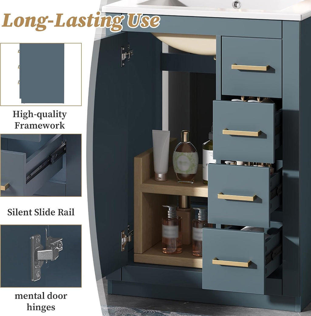 24 Inch Dark Blue Bathroom Vanity with Sink & Integrated Countertop,Modern Freestanding Bathroom Vanity with Single Sink,Gold Handles & Right Hand 3 Drawers,Soft Closing Door,Herringbone Front