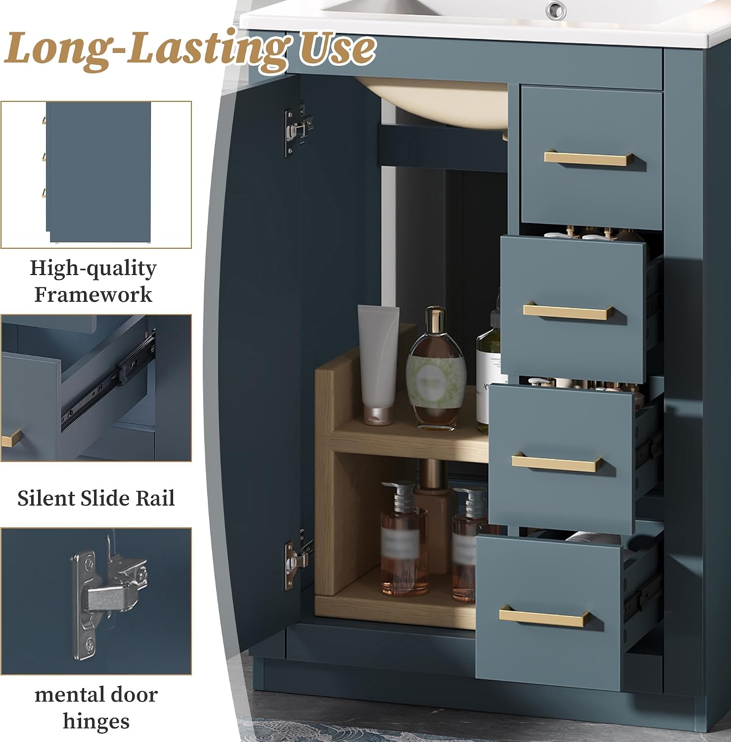 24 Inch Dark Blue Bathroom Vanity with Sink & Integrated Countertop,Modern Freestanding Bathroom Vanity with Single Sink,Gold Handles & Right Hand 3 Drawers,Soft Closing Door,Herringbone Front