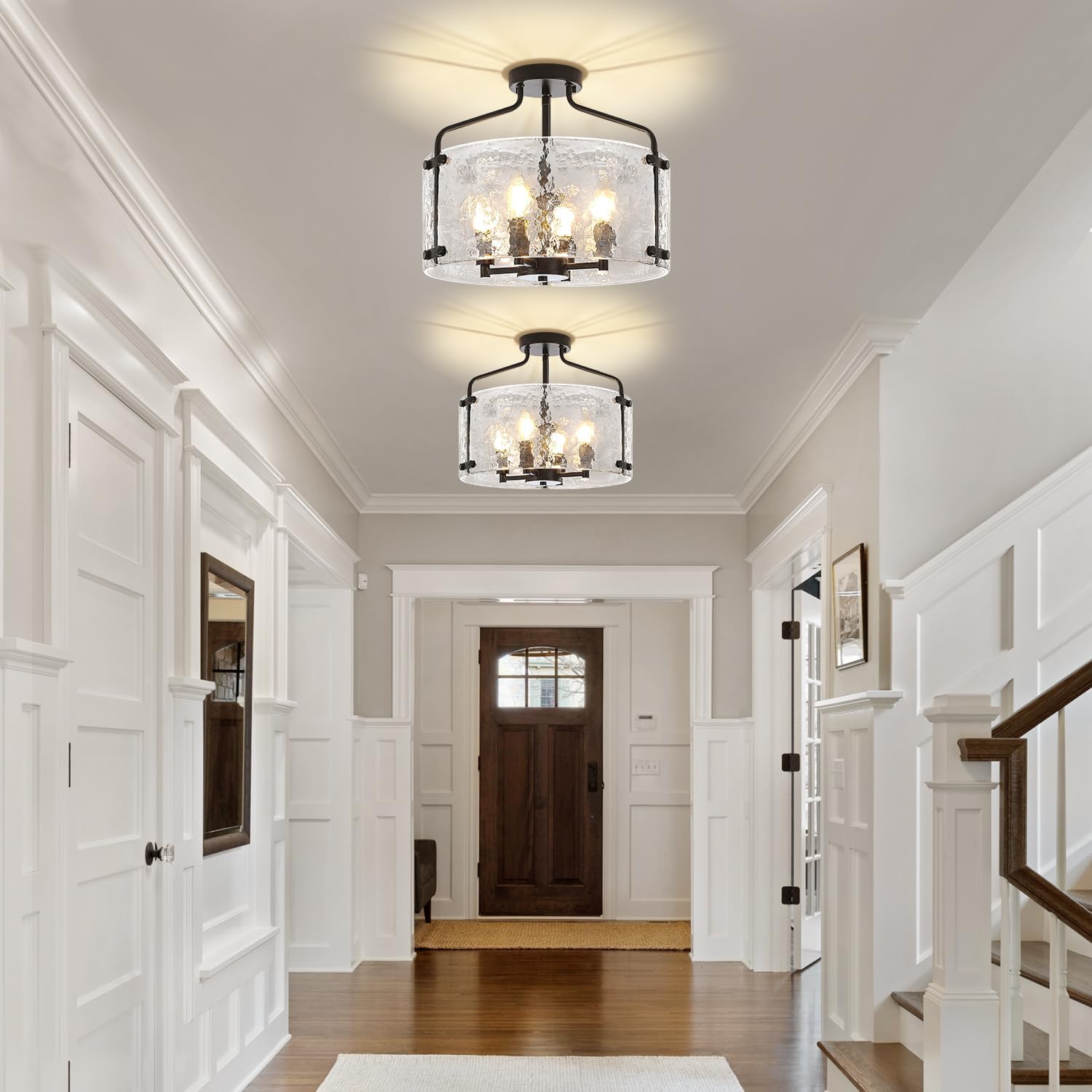 Black Semi Flush Mount Ceiling Lights, Modern Hammered Glass Entryway Hallway Light Fixtures 4-Light Drum Chandelier for Dining Room Bathroom Bedroom Kitchen Foyer Lighting
