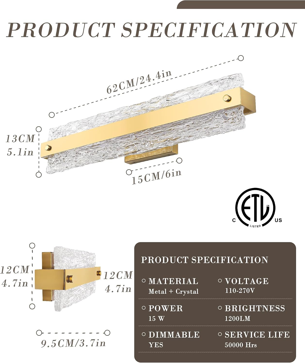 Brushed Gold LED Bathroom Vanity Light, 24.4 Inch 15W Modern Dimmable Bathroom Light Fixture Over Mirror, Crystal Bar Wall Sconce Lighting for Bath, 3CCT, OS-MM5001-3BG
