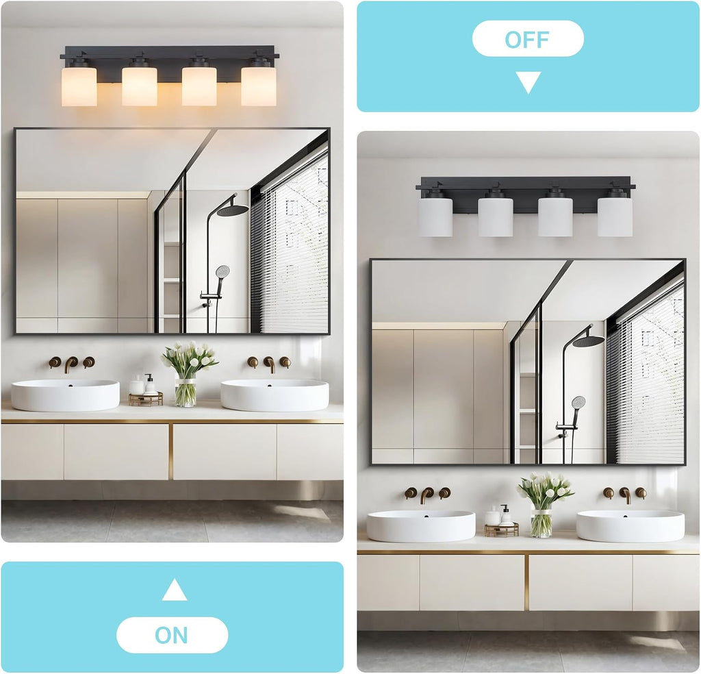 Modern Bathroom Light Fixtures Over Mirror, Vanity Lights for Bathroom Wall Sconces with Milky White Glass Shades, E26 Socket (Bulbs Not Included), 4 Light, Black