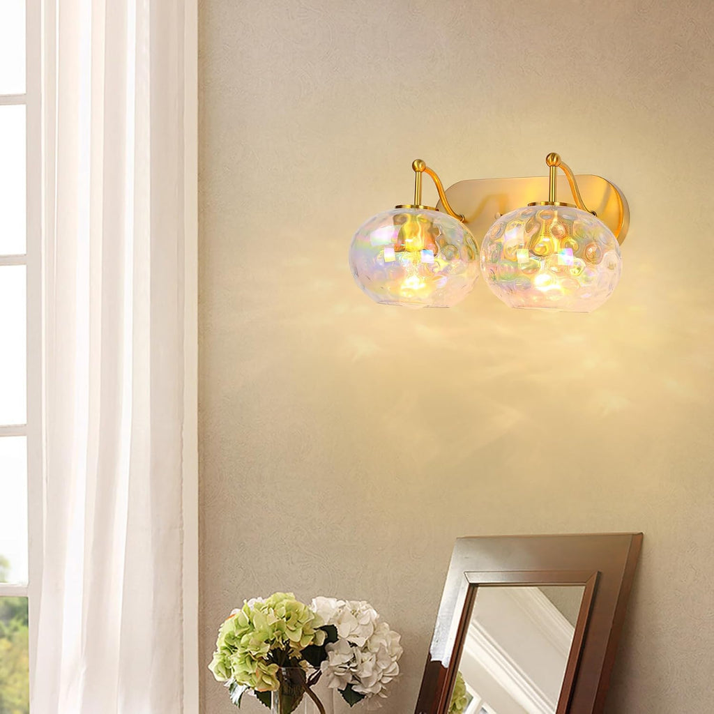 Brushed Gold Vanity Light Stained Hammered Glass Wall Sconce 2-Light Brass Wall Lamp for Hallway Living Room Stairwell Bathroom Over Mirror (Brass Gold, 2-Light)