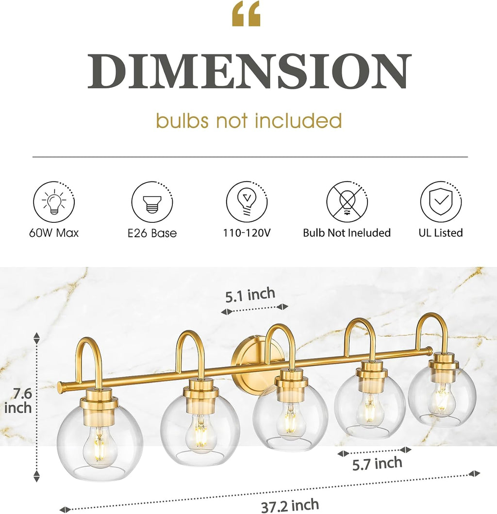 Bathroom Light Fixtures, 5-Light Brushed Gold Vanity Lights with Globe Clear Glass, 35 Inch Champagne Bronze Vanity Lighting Fixtures Over Mirror, AD-22280-5W-GD