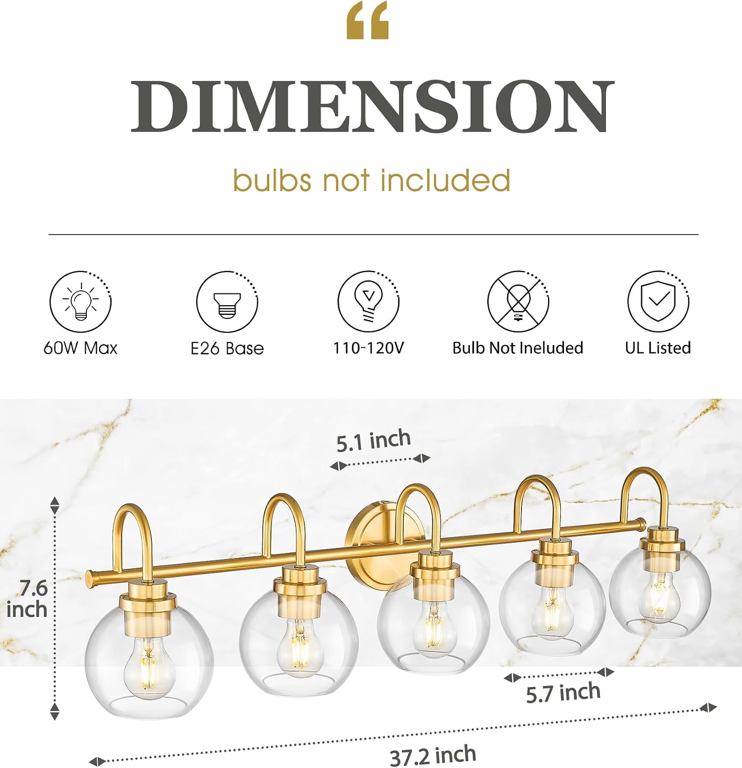 Bathroom Light Fixtures, 5-Light Brushed Gold Vanity Lights with Globe Clear Glass, 35 Inch Champagne Bronze Vanity Lighting Fixtures Over Mirror, AD-22280-5W-GD