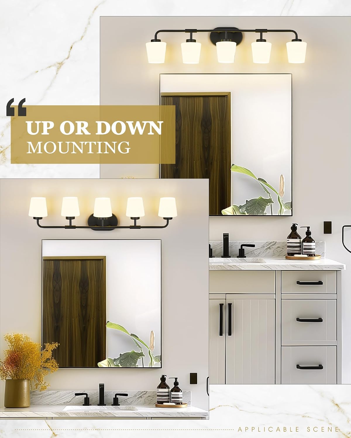 5-Light Matte Black Bathroom Light Fixtures, 38inch Vanity Light | Over Mirror, Milk White Glass, Farmhouse Wall Sconces Lighting, AD-22004-5W-BK
