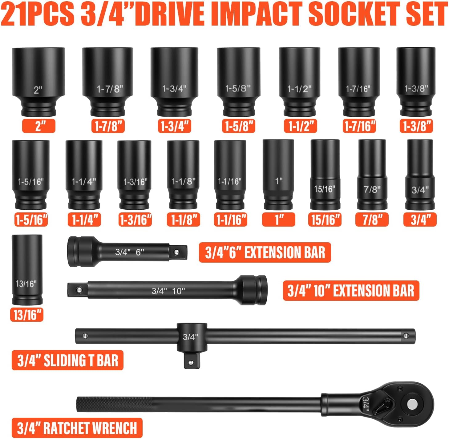 3/4' Drive Deep Impact Socket Set,21Pcs SAE (3/4 to 2 Inch) Sizes with Ratchet Wrench (24 tooth) Andextension Rod,6-Point Socket,Cr-Mo Steel Includes Adapters