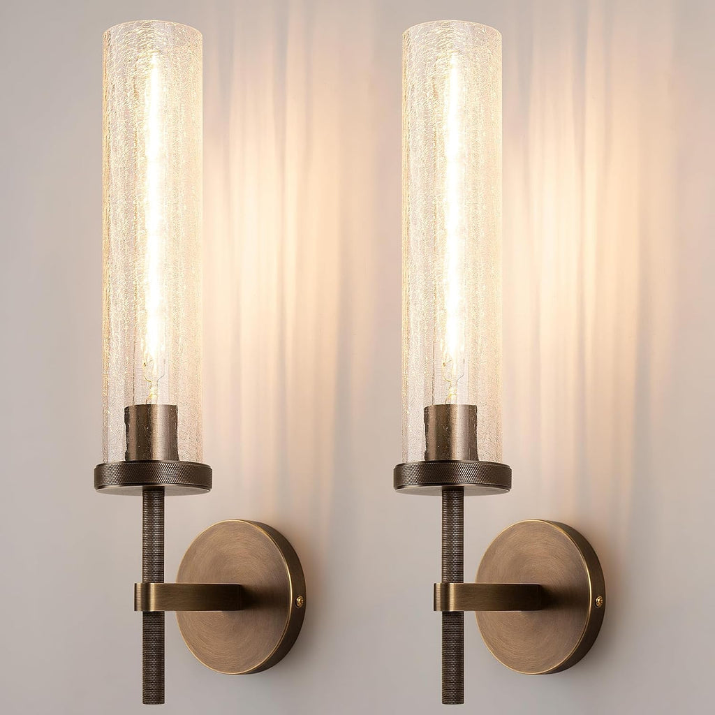 19.5' Knurled Brass Wall Sconces Set of 2, Bronze Bathroom Vanity Light Fixtures with Crackle Glass Tube, Modern Lamp Lighting for Bedroom, Living Room, Hallway, Staircase, Mirror, Kitchen