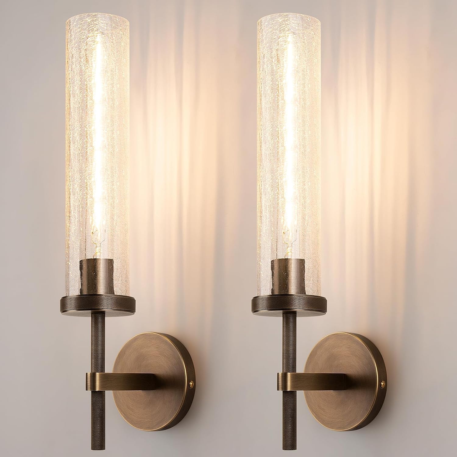 19.5' Knurled Brass Wall Sconces Set of 2, Bronze Bathroom Vanity Light Fixtures with Crackle Glass Tube, Modern Lamp Lighting for Bedroom, Living Room, Hallway, Staircase, Mirror, Kitchen