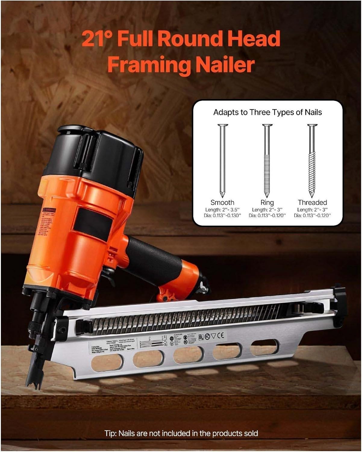 Framing Nailer 2-3.5 Inch 21 Degree Pneumatic Nail Gun, Full Round Head, 80-120 PSI, Pro Nailer for Wood Framing, Construction, Roofing & DIY Projects