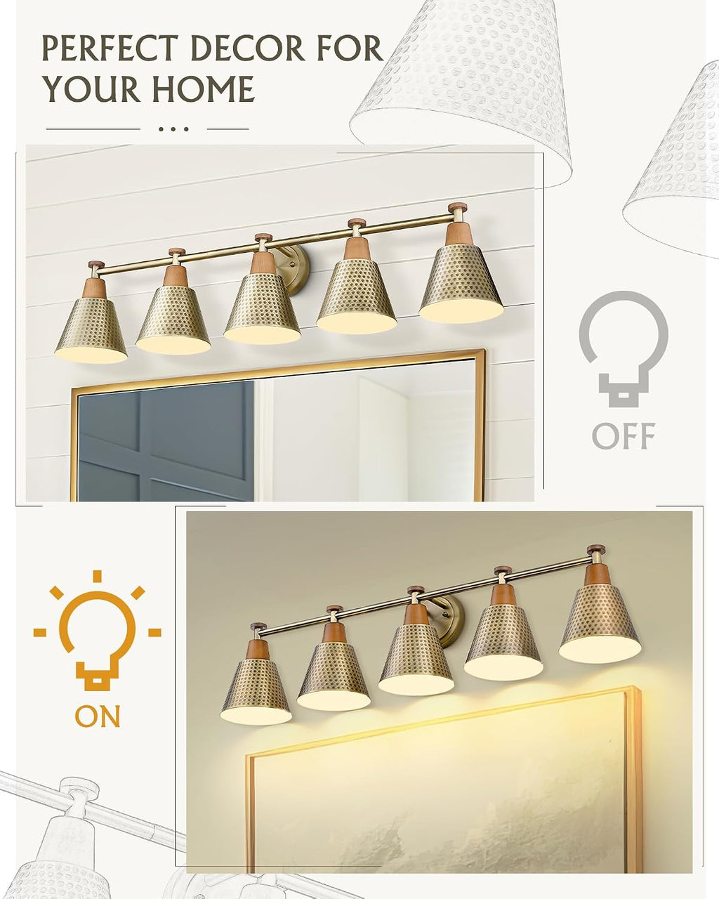 FEMILA Bathroom Light Fixtures, Modern Bathroom Vanity Light with Hammered Metal Shade, Sconces Wall Lighting for Mirror Kitchen Bedroom, Gold, 37'