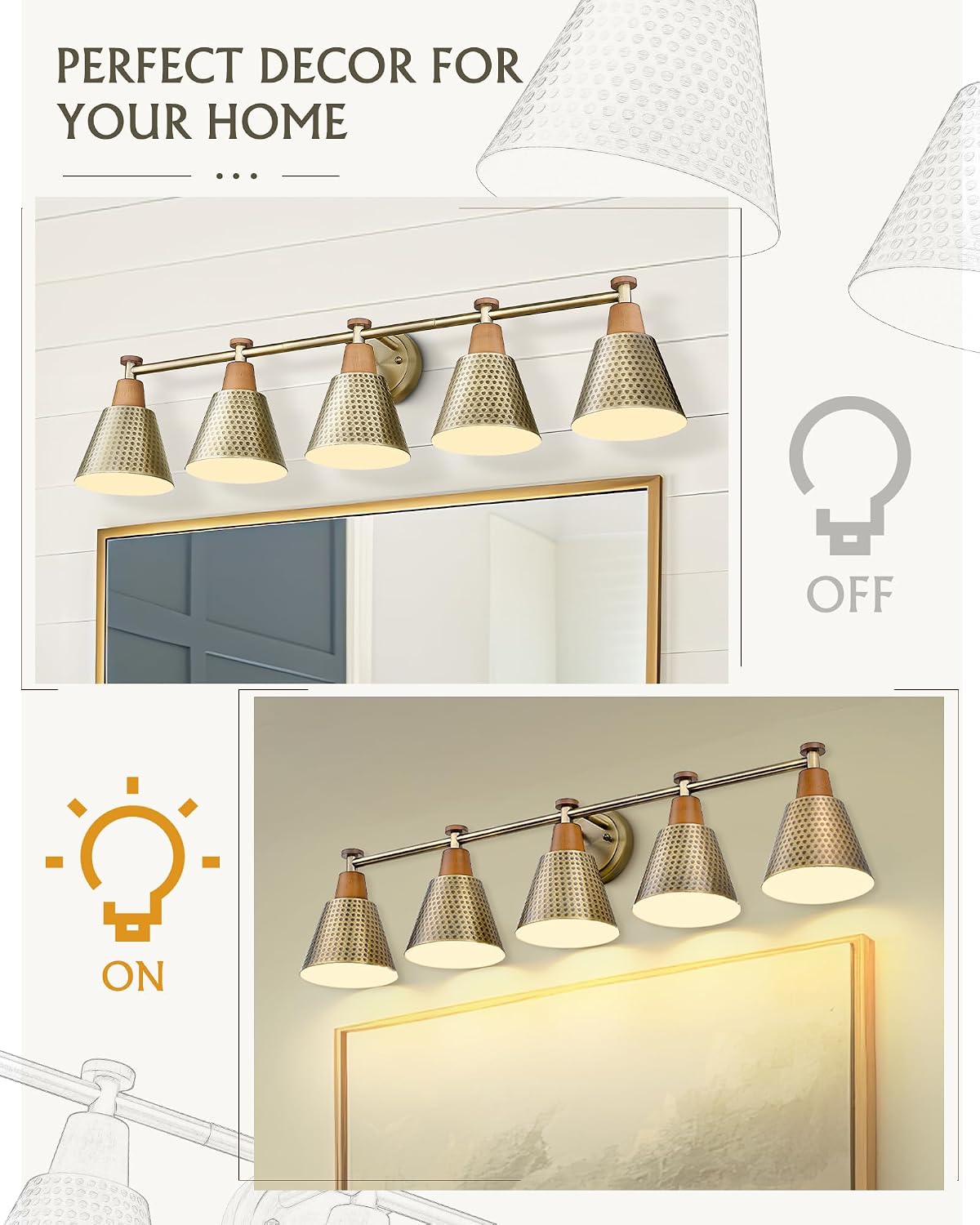 FEMILA Bathroom Light Fixtures, Modern Bathroom Vanity Light with Hammered Metal Shade, Sconces Wall Lighting for Mirror Kitchen Bedroom, Gold, 37'