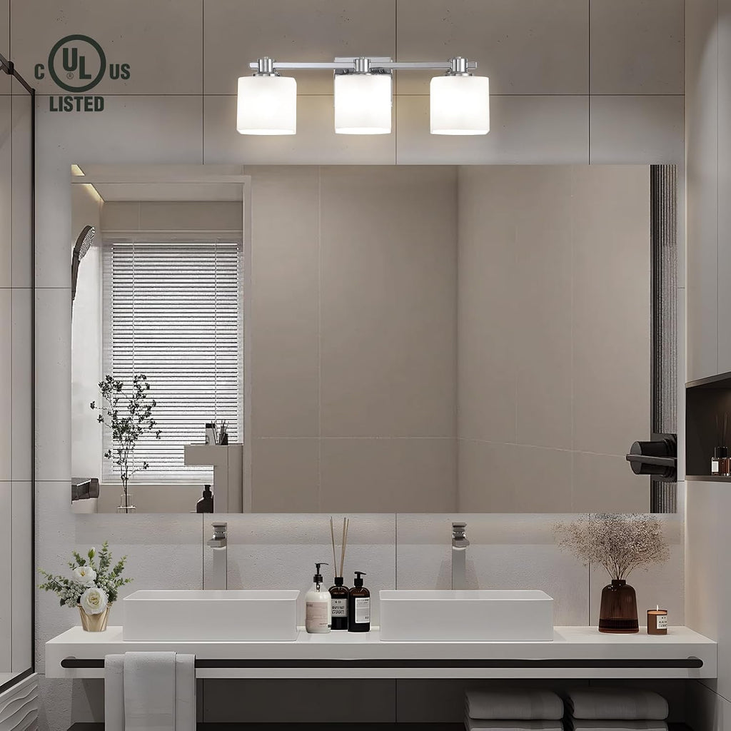 23 Inch Chrome Bathroom Light Fixtures Over Mirror 3 Light Bathroom Vanity Light Silver Modern Industrial Makeup Lighting Wall Sconce Shower Farmhouse Rustic Milk Glass Lamp Above Desk Sink