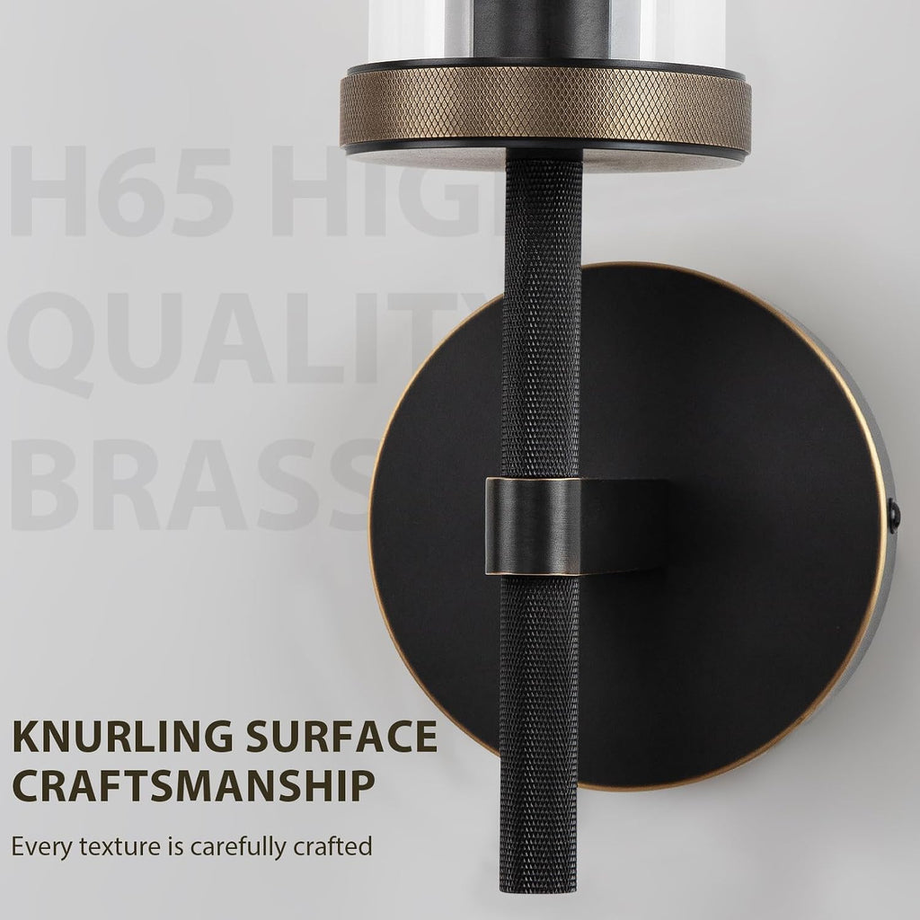 15' Knurled Brass Wall Sconce with Clear Glass Tube, Black Gold Bathroom Vanity Light Fixtures, Modern Lamp Lighting for Bedroom, Living Room, Hallway, Staircase, Mirror, Kitchen
