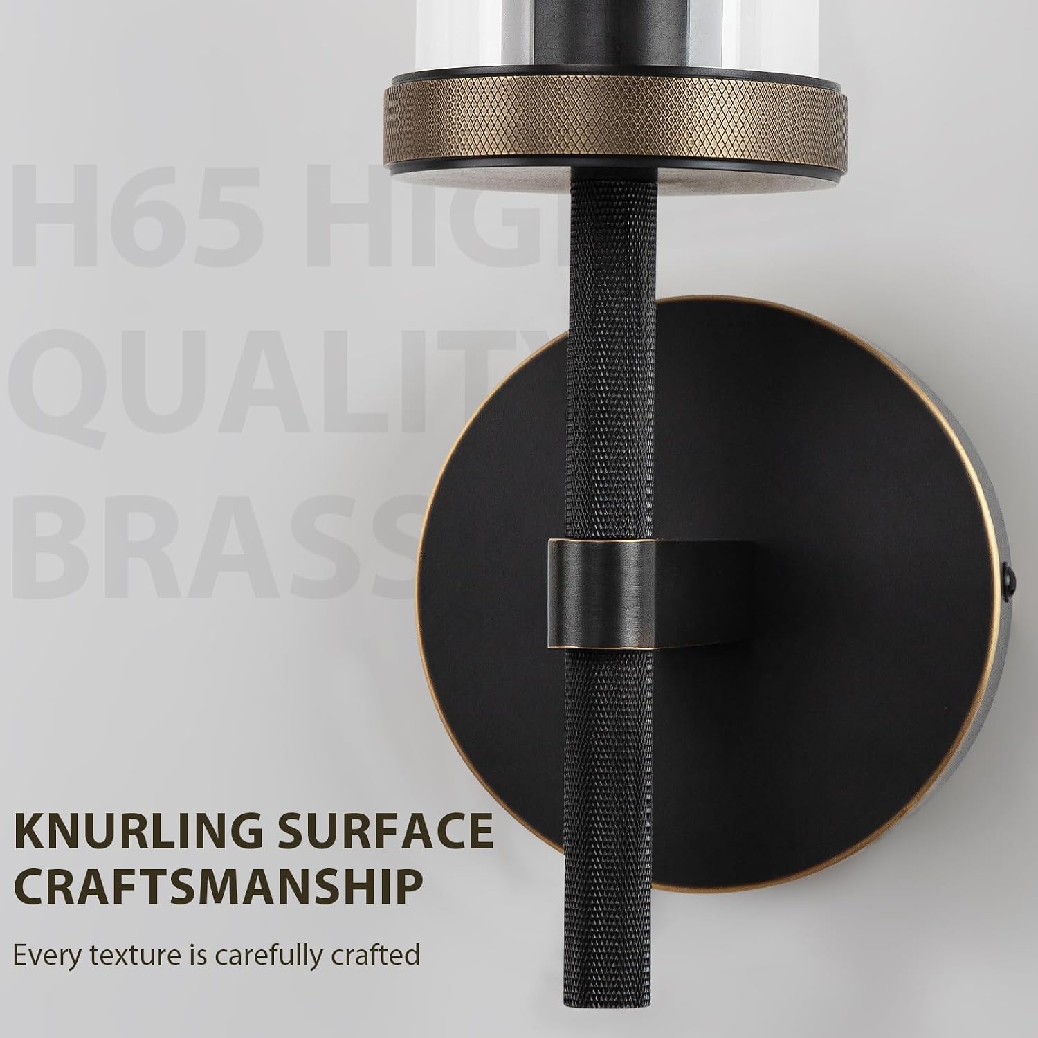 15' Knurled Brass Wall Sconce with Clear Glass Tube, Black Gold Bathroom Vanity Light Fixtures, Modern Lamp Lighting for Bedroom, Living Room, Hallway, Staircase, Mirror, Kitchen