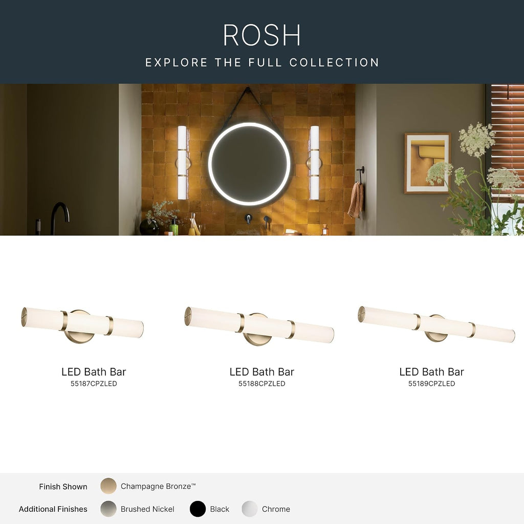 Kichler Rosh 24.25' LED Bathroom Vanity Light Fixture with White Glass in Champagne Bronze, Modern Minimalist Bath Bar for Mirror, Dimmable (24.25' W x 5' H), 55188CPZLED
