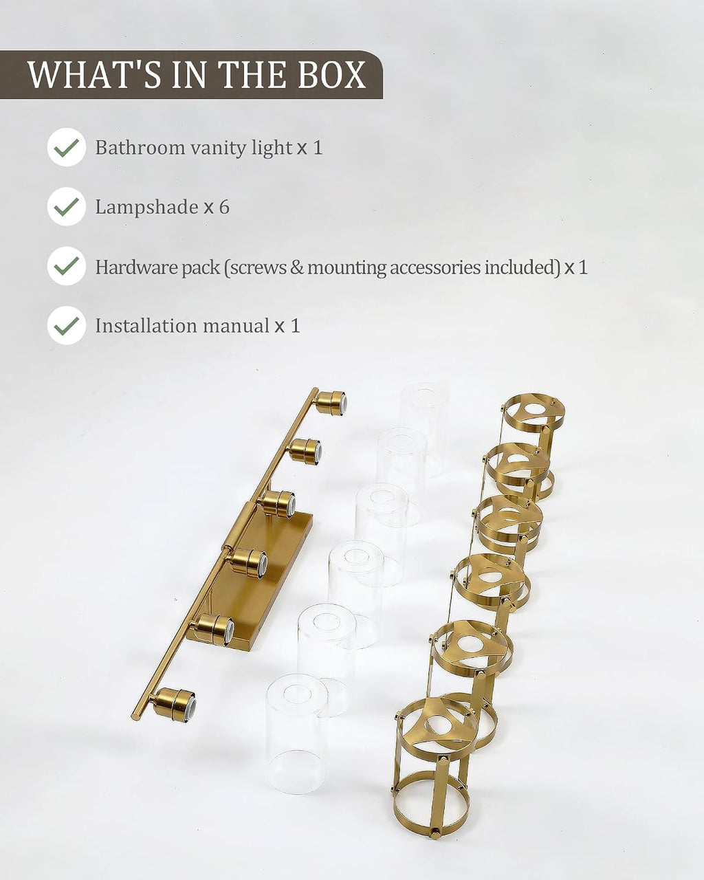 6-Light Brushed Gold Bathroom Light Fixtures Over Mirror with Clear Glass and Metal Cage Shade, 42' UL-Listed Modern Farmhouse Wall Sconce for Bath, Hardwire E26, OS-3014BG-6W