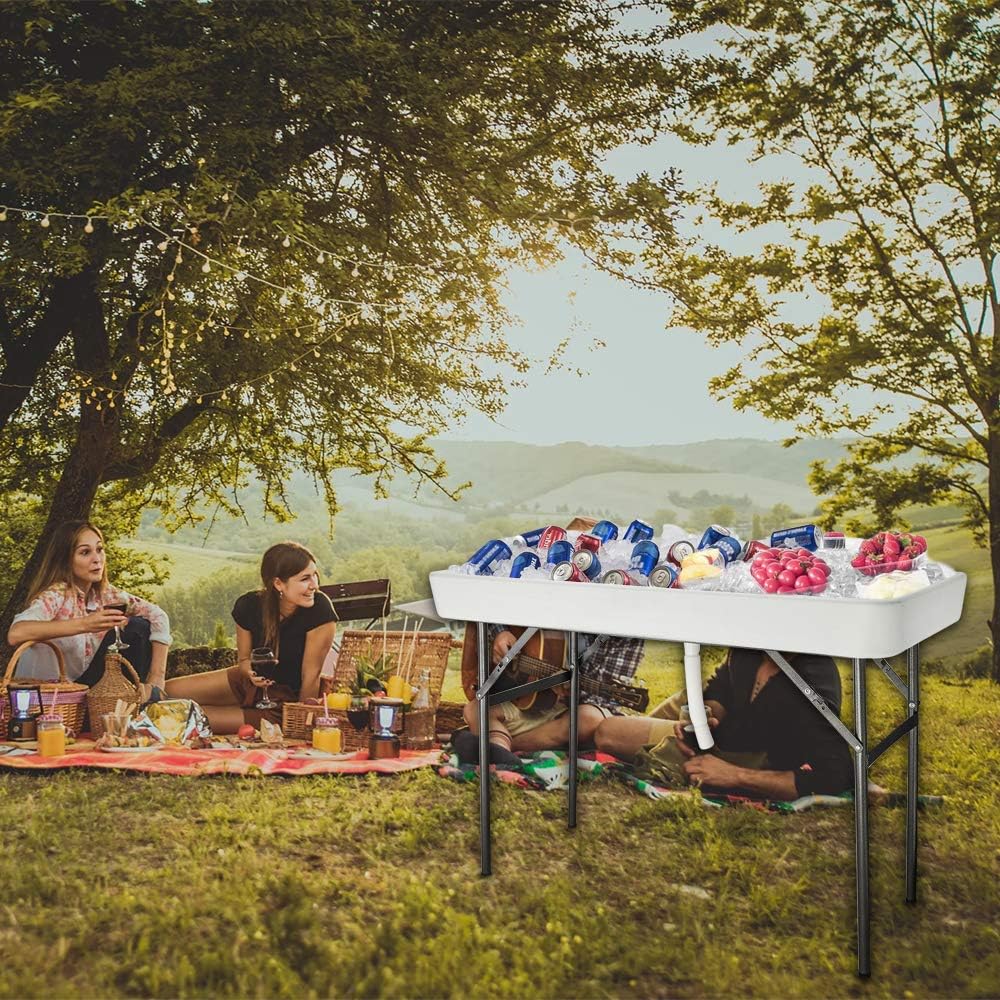 VINGLI 46' Extra Large Party Ice Cooler Folding Table, Portable Tailgate Camp Fishing Cleaning, Plastic with Matching Skirt, Ice Table for Party, BBQ, Camping, Picnic
