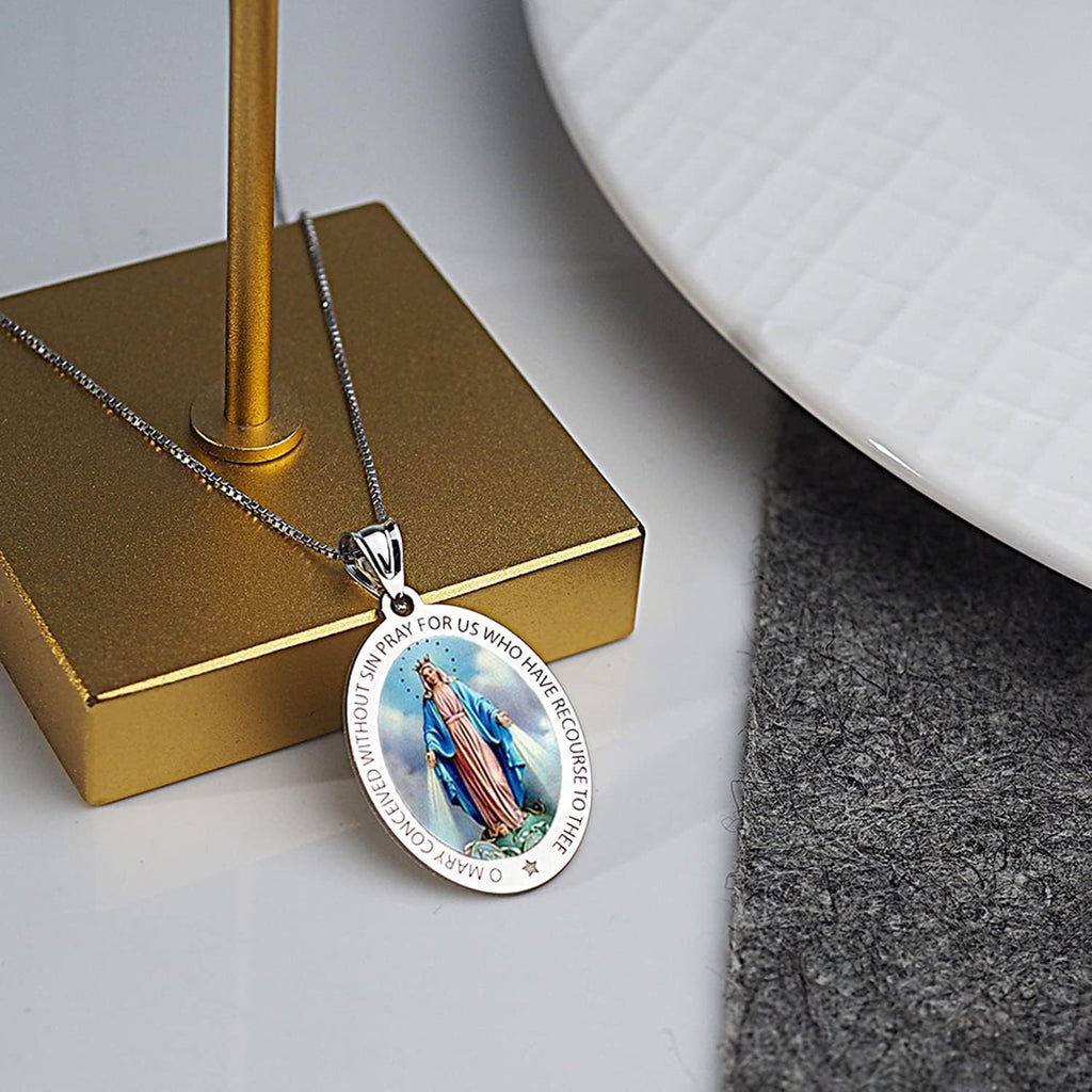 PicturesOnGold.com Miraculous Medal Oval Pendant in 10K/14K Yellow or White Gold & Sterling Silver - Unisex Christian Virgin Mary Pendant - Perfect for First Communion or Confirmation Gifts