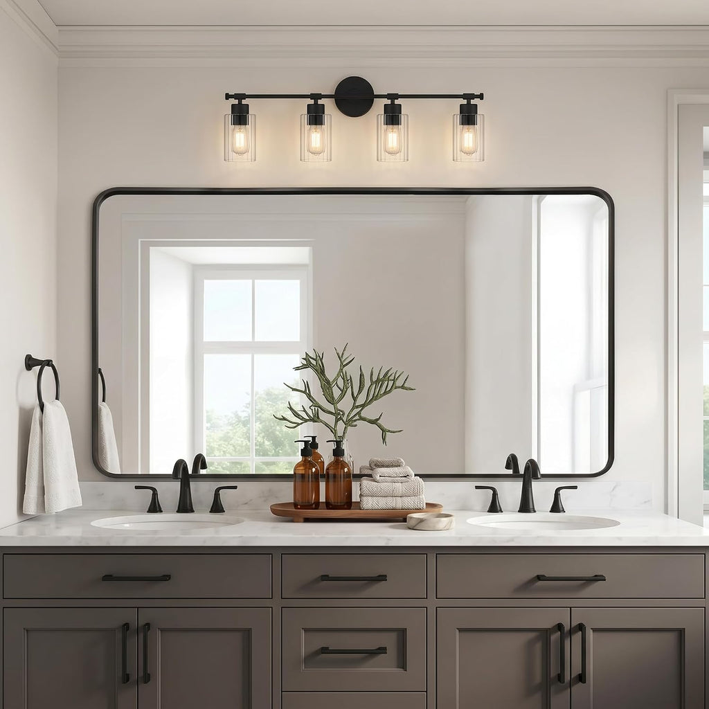Quoizel Caputo Bath Vanity Lights, 32 Inch 4-Light Matte Black Lighting Fixtures Over Mirror, Clear Ribbed Glass, 100W, Modern Industrial Wall Mount Light for Bathroom, Dresser or Sink