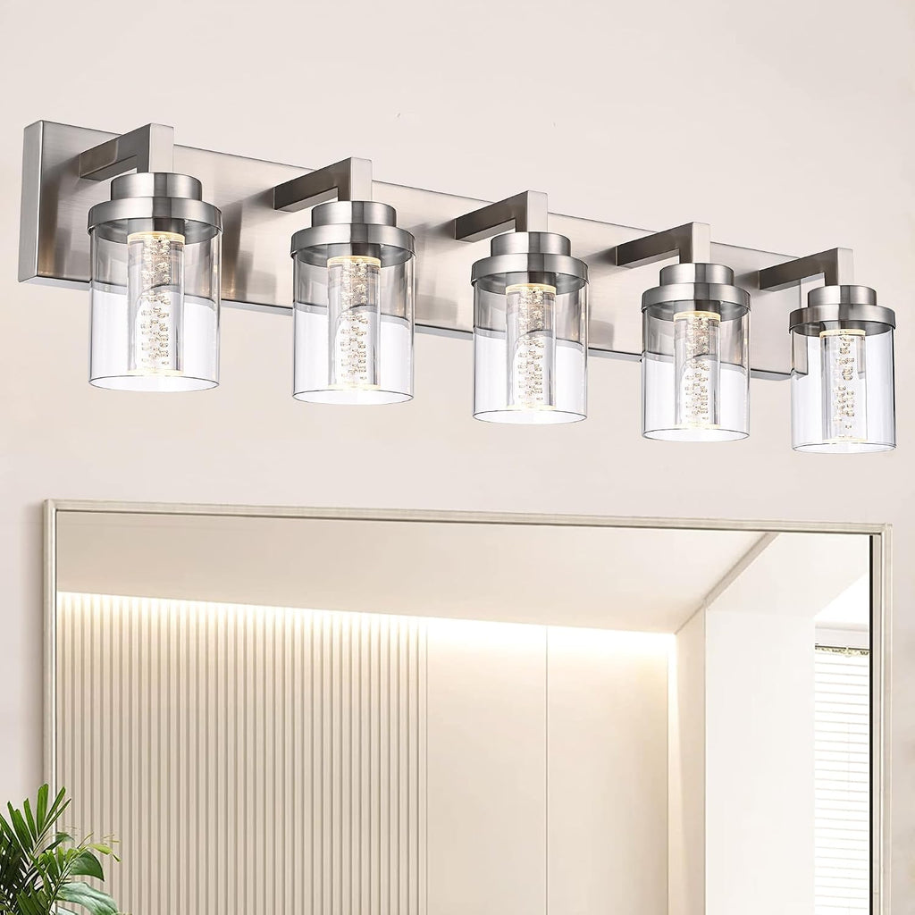 MELUCEE LED Vanity Light Bar 5-Light Bathroom Vanity Light Modern 25W Bath Lamps Over Mirror Brushed Nickel Bathroom Wall Lighting Fixtures with Clear Glass Shade Bubble Crystal Restroom Lighing