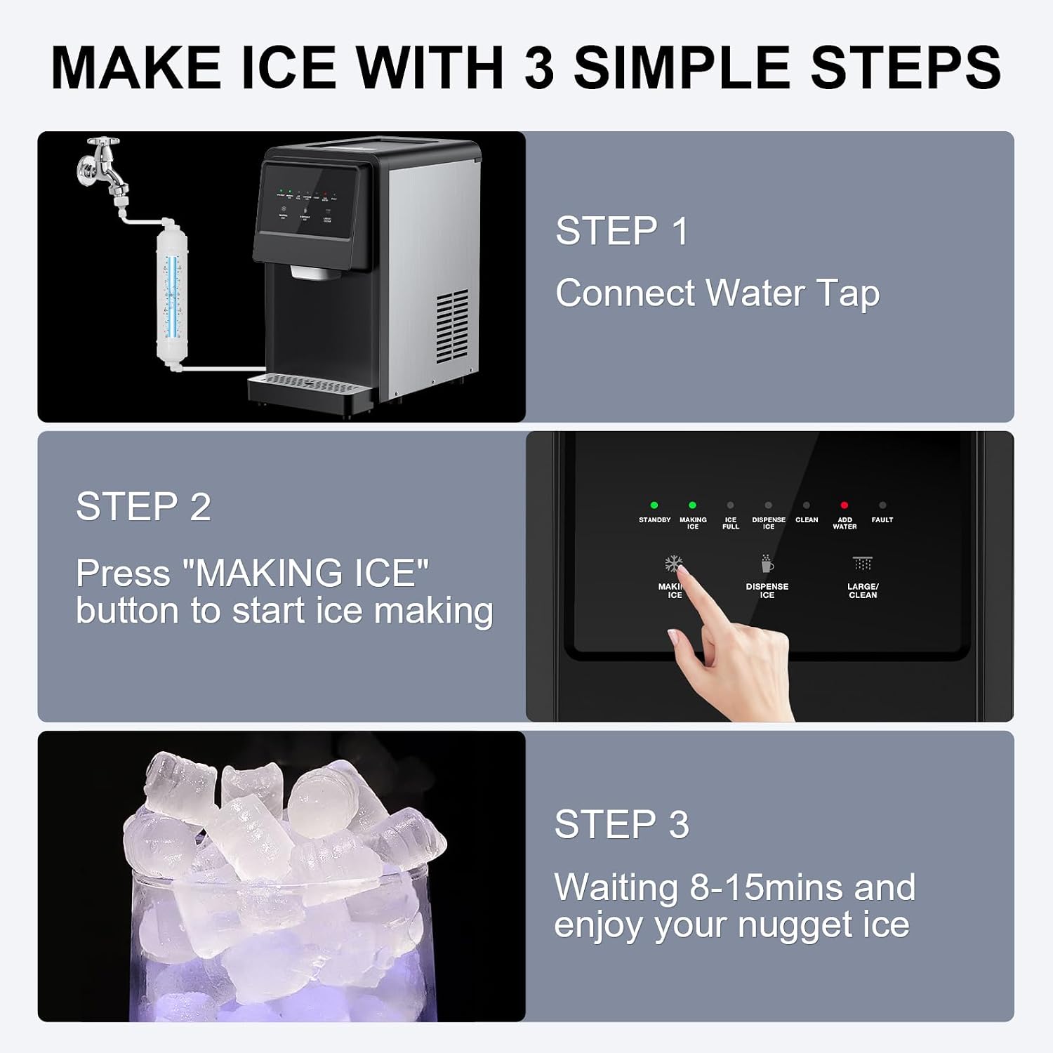 Nugget Ice Maker Countertop, Pellet Crushed Chewable Ice Cubes 70Lbs/24H Ice Dispenser Countertop Stainless Steel Ice Maker Machine with Self-Cleaning for Home Office Kitchen Party