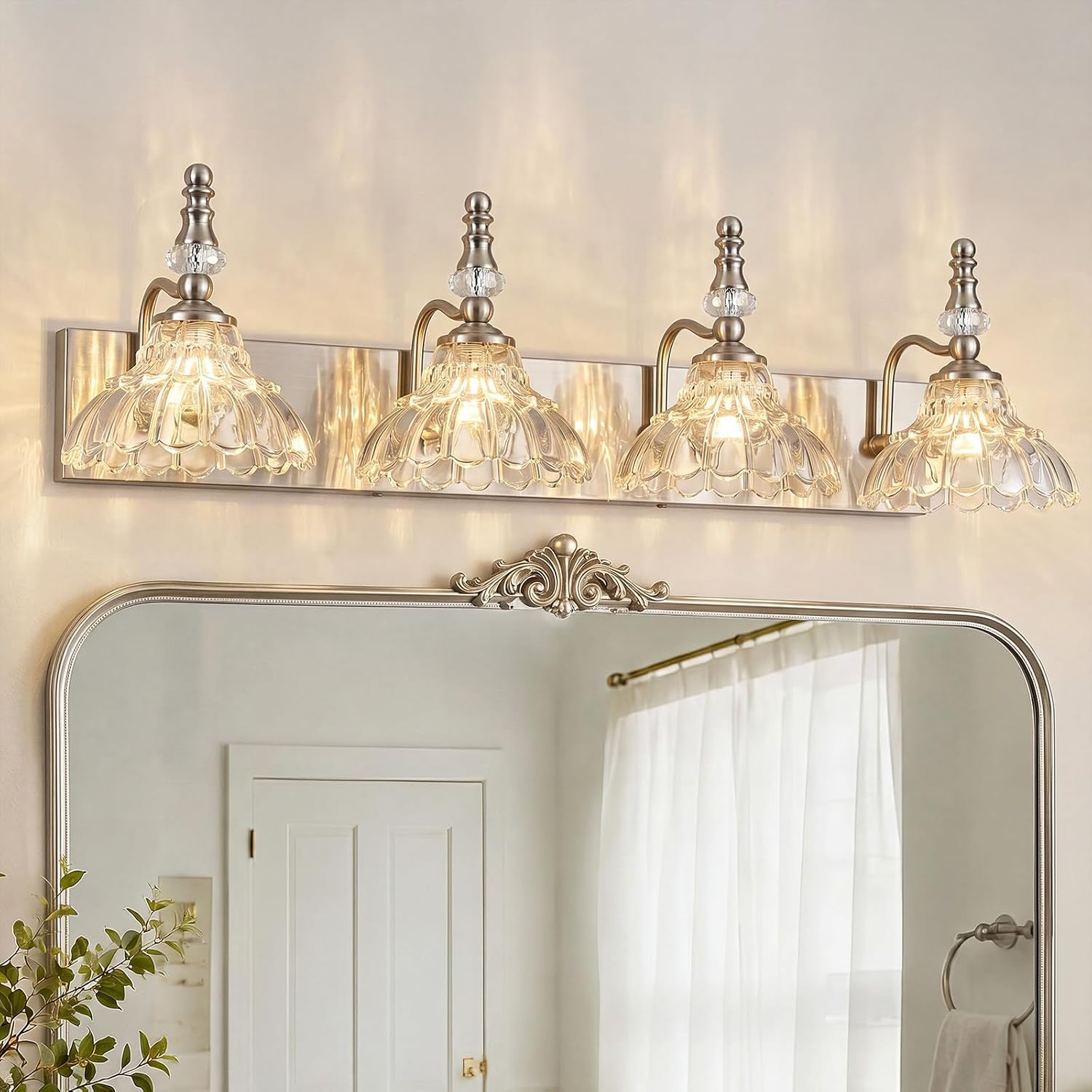 Vintage Bathroom Vanity Light, 5-Light Brushed Nickel Vanity Lighting Fixture with Flower Glass Shade, Bathroom Lighting Fixtures Over Mirror