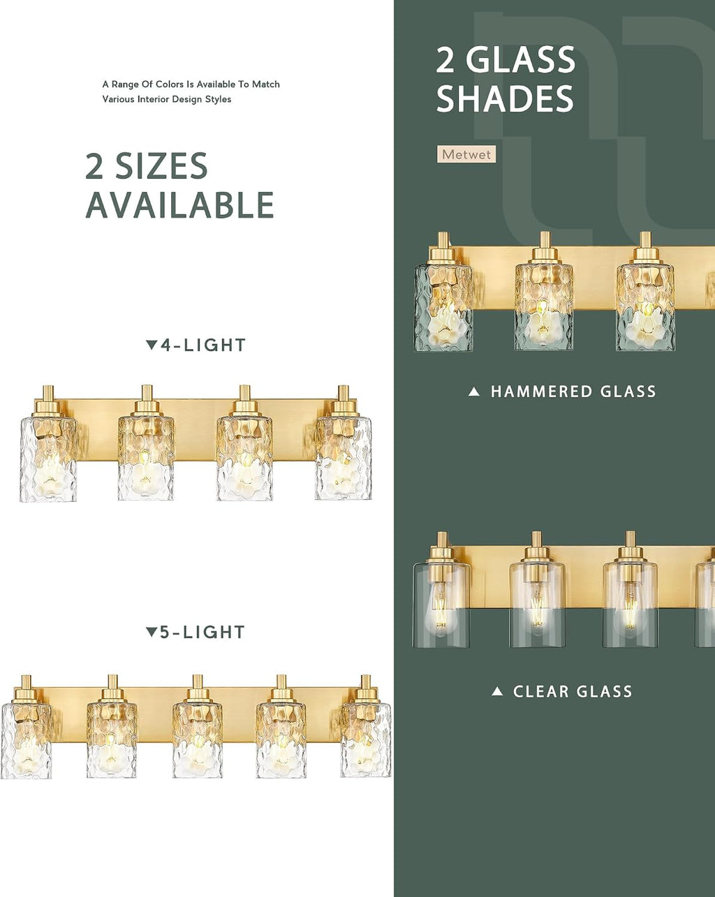 4-Light Bathroom Light Fixtures, 24.5 Inch Brushed Gold Vanity Lights with Clear Hammered Glass Cylinder Shade, Modern Vanity Lighting Fixture Over Mirror, VL198-BG-4