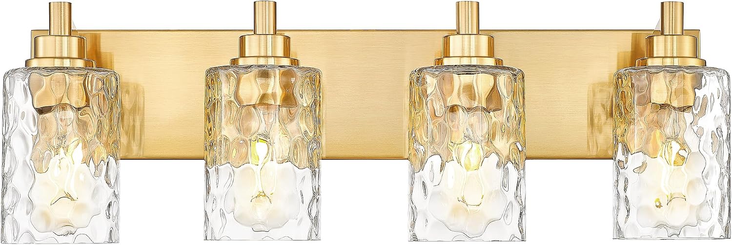 4-Light Bathroom Light Fixtures, 24.5 Inch Brushed Gold Vanity Lights with Clear Hammered Glass Cylinder Shade, Modern Vanity Lighting Fixture Over Mirror, VL198-BG-4