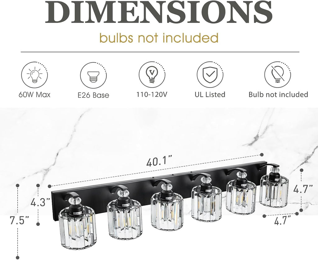 6-Light Black Bathroom Light Fixture Modern Vanity Lights Over Mirror Vintage Wall Sconce Lighting for Bathroom, Bedroom, Living Room, Hallway E26 Base with Crystal Bathroom Vanity Light