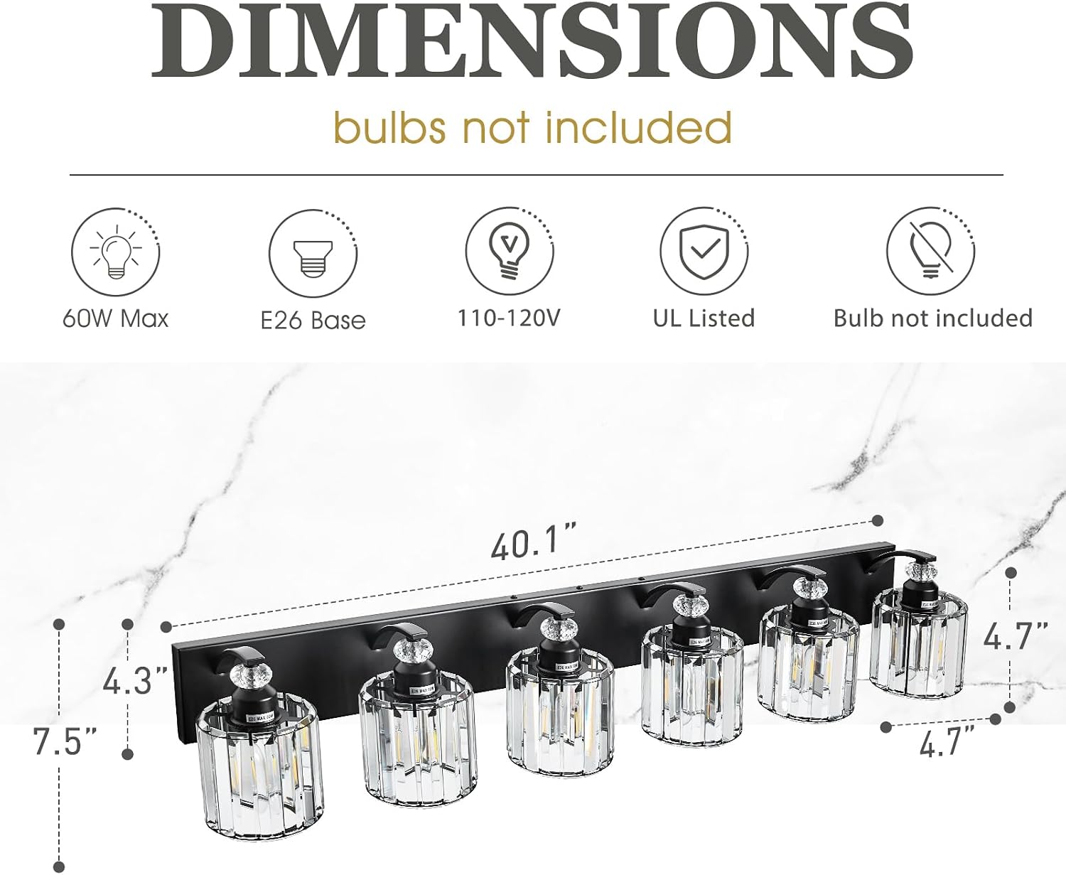 6-Light Black Bathroom Light Fixture Modern Vanity Lights Over Mirror Vintage Wall Sconce Lighting for Bathroom, Bedroom, Living Room, Hallway E26 Base with Crystal Bathroom Vanity Light
