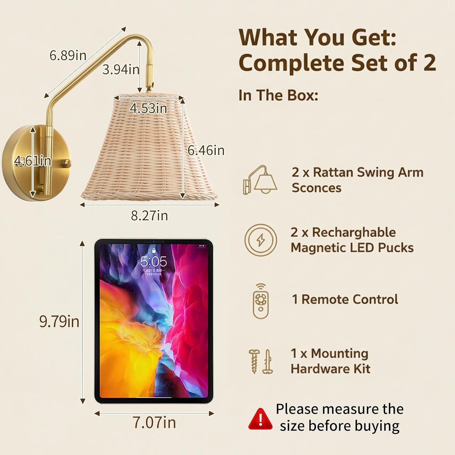 Boho Rattan Rechargeable Wall Sconce,Gold Swing Arm Wall Sconces Set of 2 Battery Operated,4200mAh Battery Operated Wall Sconce,Dimmable Remote Rechargeable Wall Lights for Bedroom,Living Room