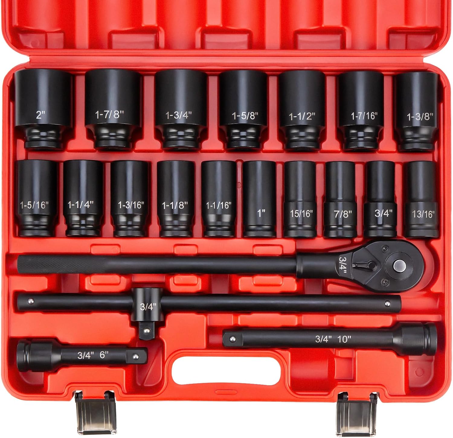 3/4' Drive Deep Impact Socket Set,21Pcs SAE (3/4 to 2 Inch) Sizes with Ratchet Wrench (24 tooth) Andextension Rod,6-Point Socket,Cr-Mo Steel Includes Adapters