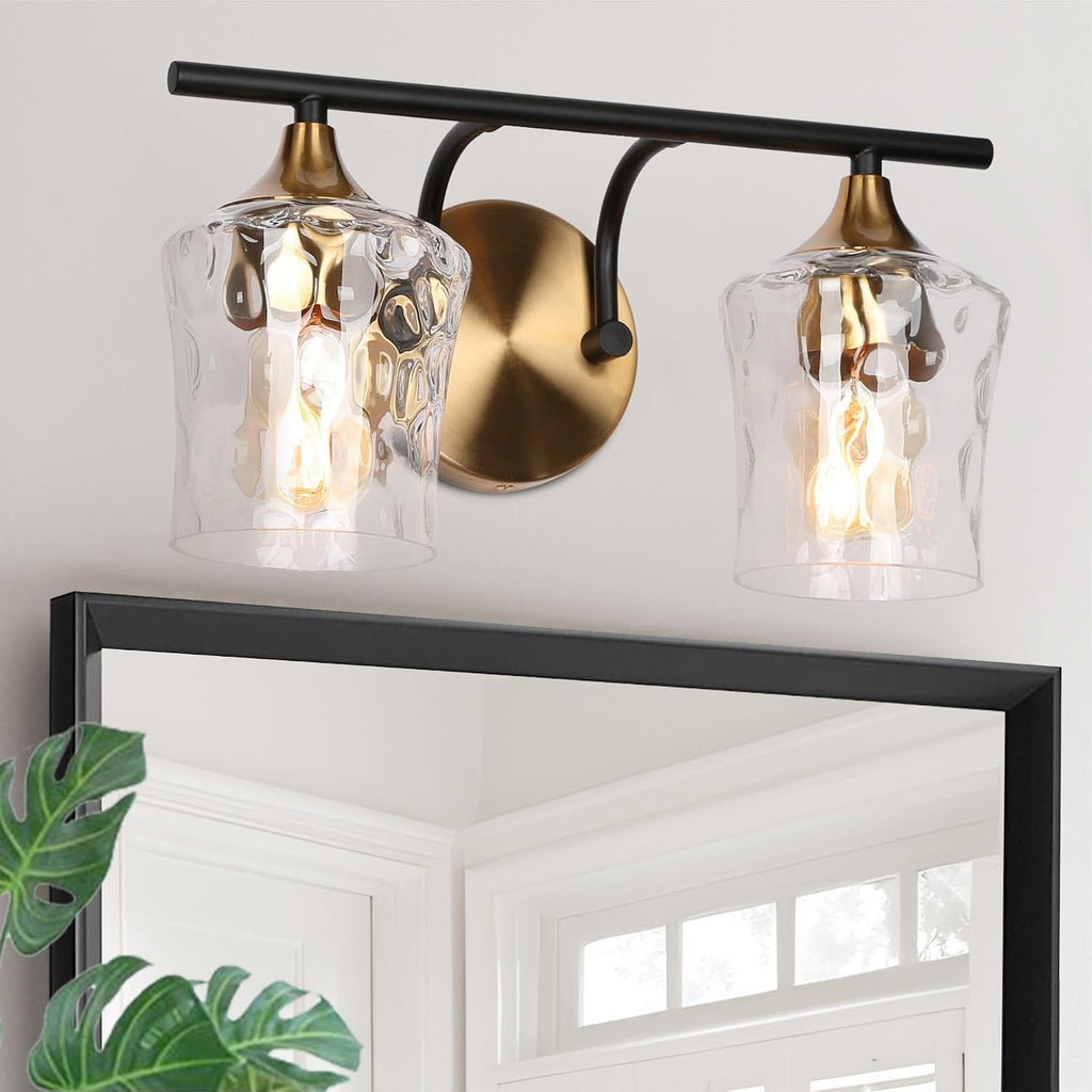 KSANA Bathroom Vanity Lights, 2-Light Black and Electroplated Brass Vanity Light Over Mirror Mid-Century Modern Bathroom Light Fixtures with Textured Glass, 14' L x 6.7' W x 7.3' H