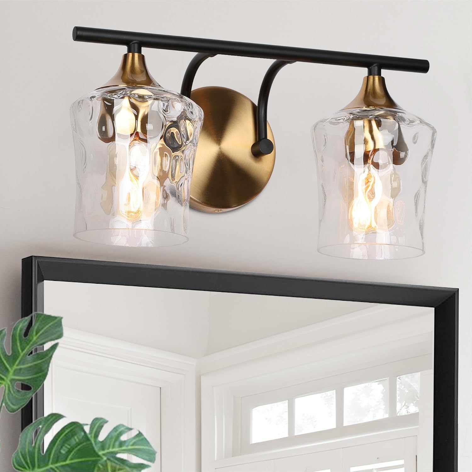 KSANA Bathroom Vanity Lights, 2-Light Black and Electroplated Brass Vanity Light Over Mirror Mid-Century Modern Bathroom Light Fixtures with Textured Glass, 14' L x 6.7' W x 7.3' H