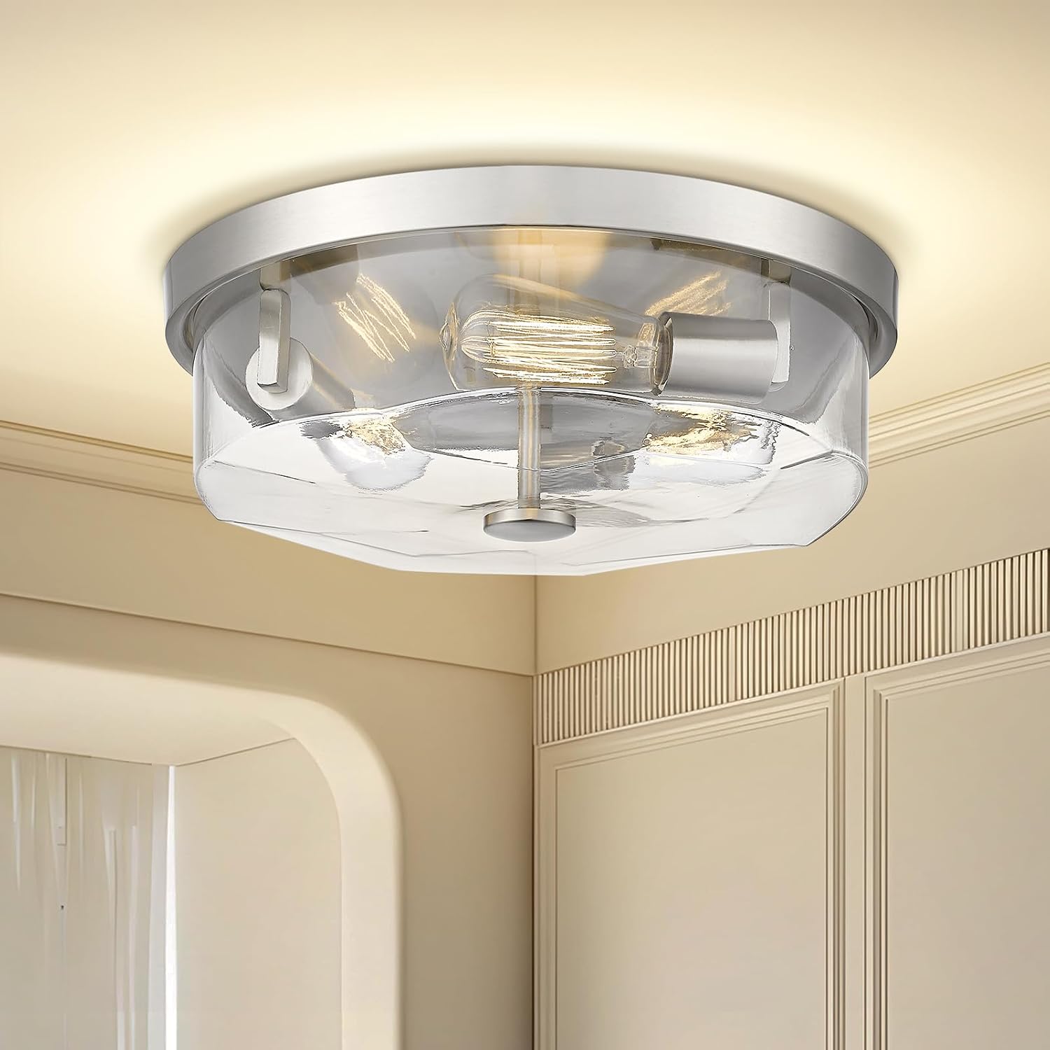 Brushed Nickel Flush Mount Ceiling Light, 3-Light Hallway Light Fixtures, Modern Farmhouse Farmhouse Ceiling Light Clear Glass for Kitchen Porch Entryway Indoor Outdoor