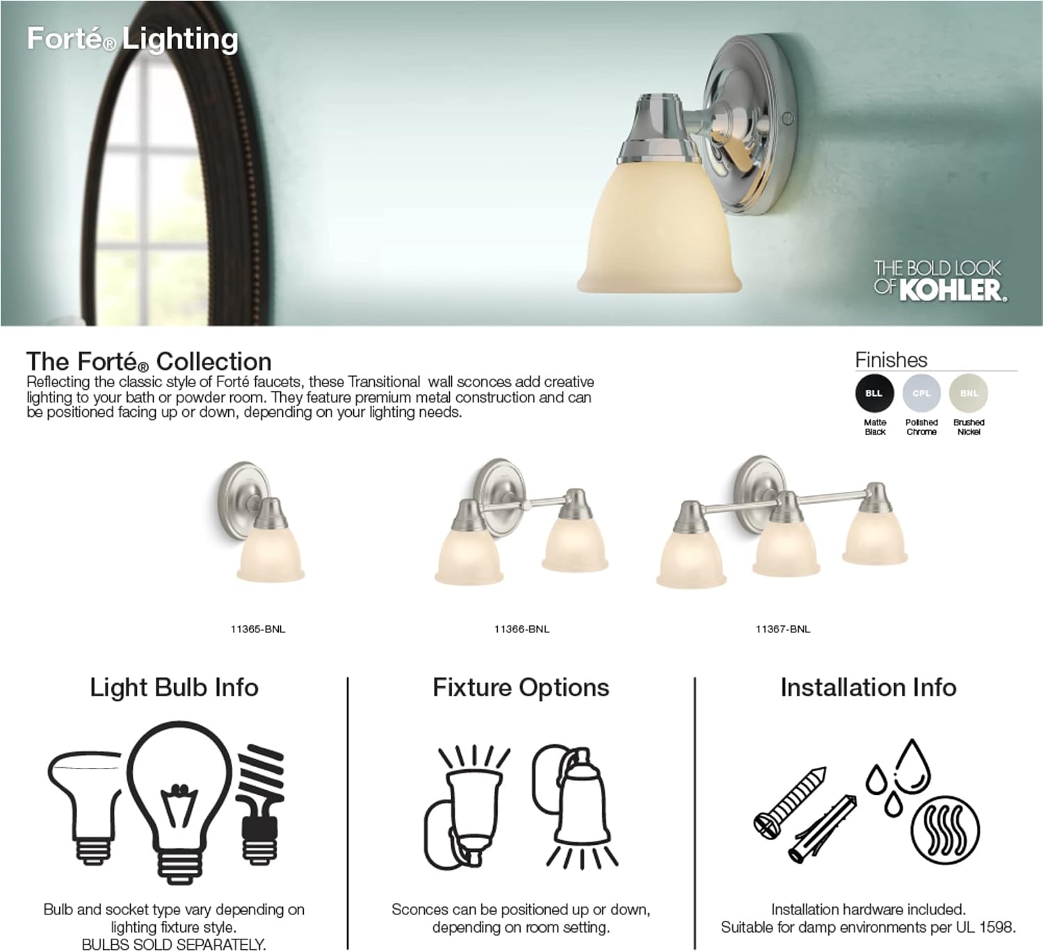 Kohler Forte Bathroom Vanity Light Fixture, Wall Sconce Lighting, Position Facing Up or Down, UL Listed, 2 Light, Matte Black