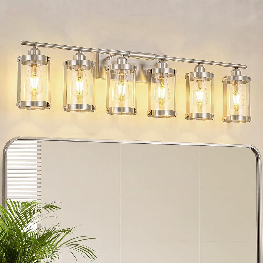 6-Light Brushed Nickel Bathroom Light Fixtures Over Mirror with Clear Glass and Metal Cage Shade, 42' UL-Listed Modern Farmhouse Wall Sconce for Bath, Hardwire E26, OS-3014BN-6W
