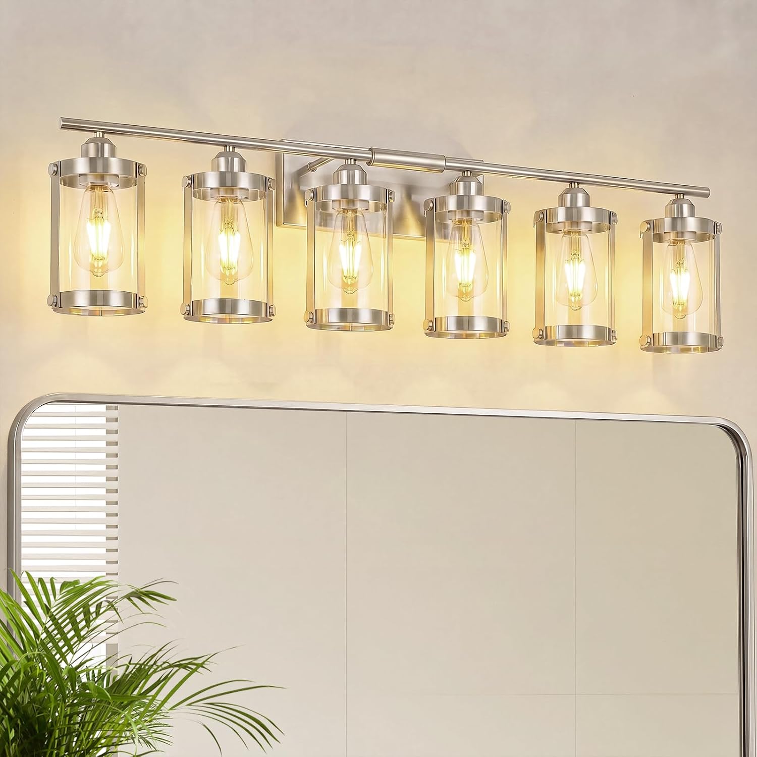 6-Light Brushed Nickel Bathroom Light Fixtures Over Mirror with Clear Glass and Metal Cage Shade, 42' UL-Listed Modern Farmhouse Wall Sconce for Bath, Hardwire E26, OS-3014BN-6W